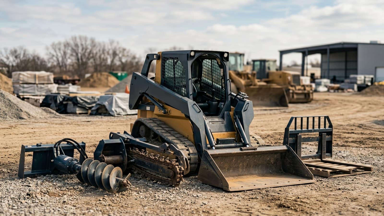 Editorial skid steer equipment planning scene for Skid Steer Attachment Financing: Budget the Work Package