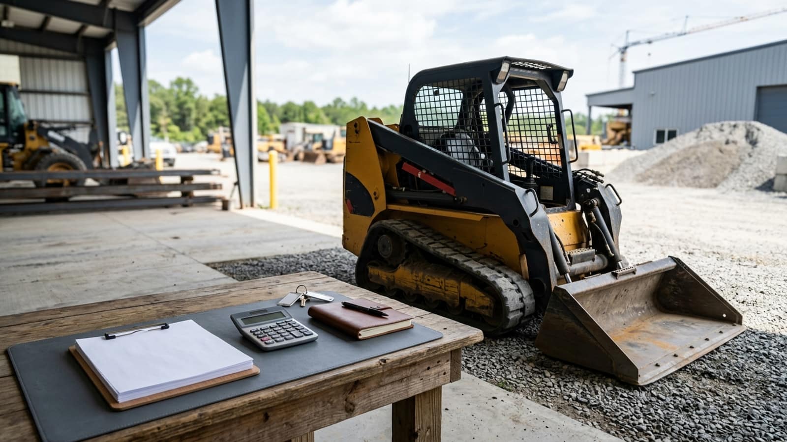 Editorial skid steer equipment planning scene for Skid Steer Loans: Compare Terms and Project Fit